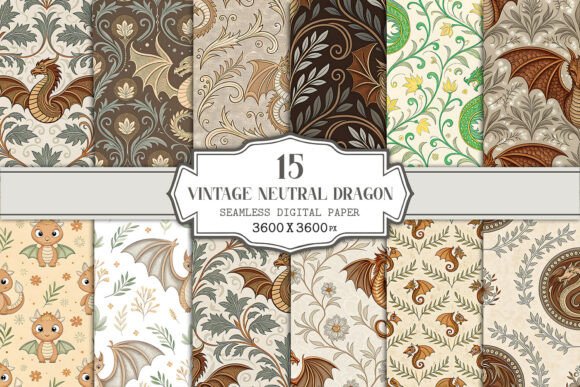 Vintage Neutral Dragon Seamless Pattern Bundle